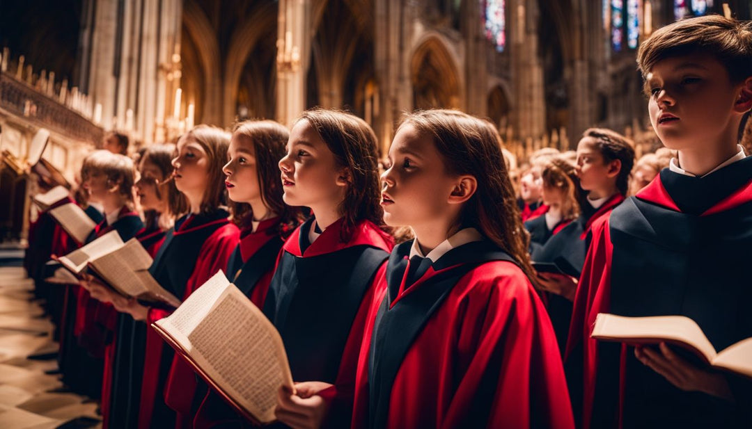 A group of diverse choristers singing in vibrant robes in a grand cathedral.