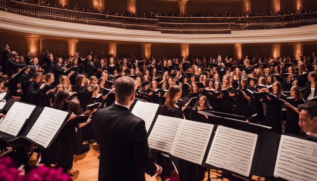 A choir director conducts a diverse choir in a grand concert hall.