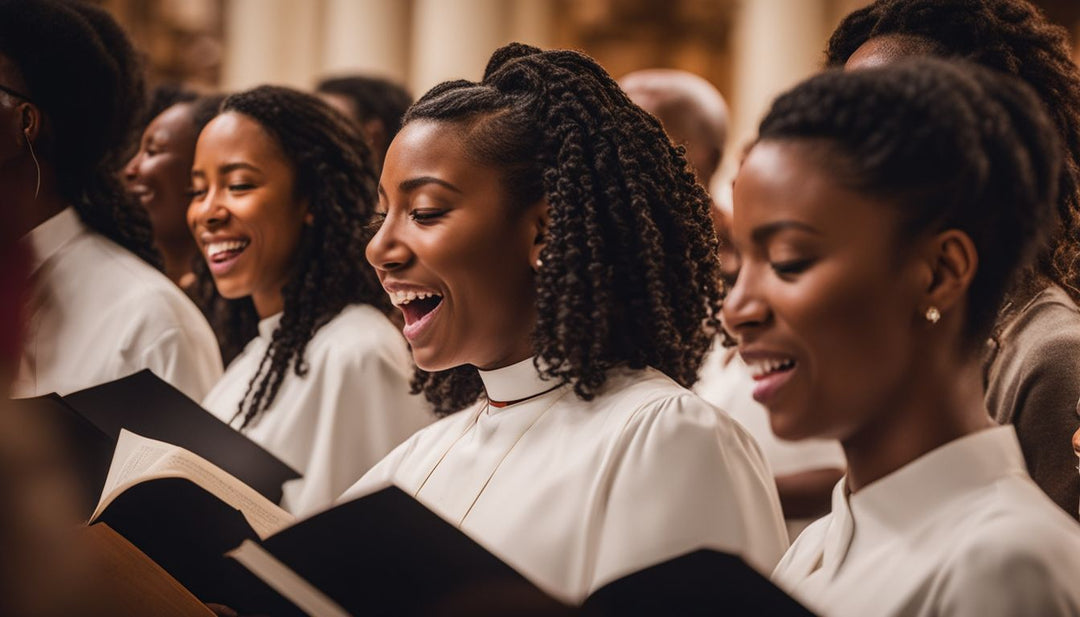 Members of a church choir singing together, capturing joy and diversity in their expressions and outfits.